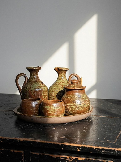 Service à condiments vintage grès pyrité émaillé artisanal style Baudat La Borne