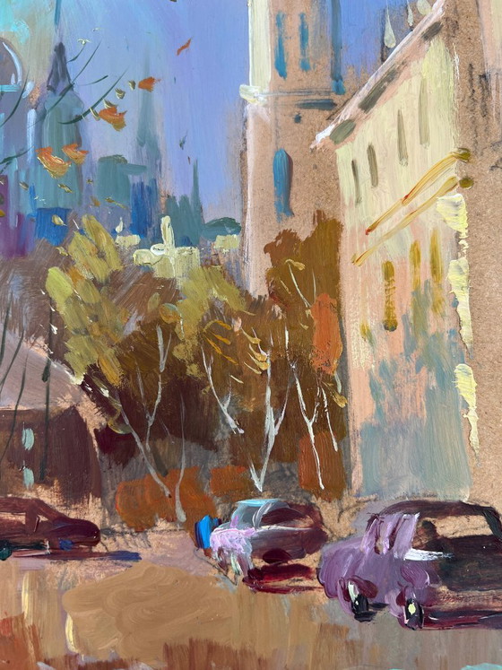 Image 1 of Original Oil Painting Autumn City Landscape Street in motion