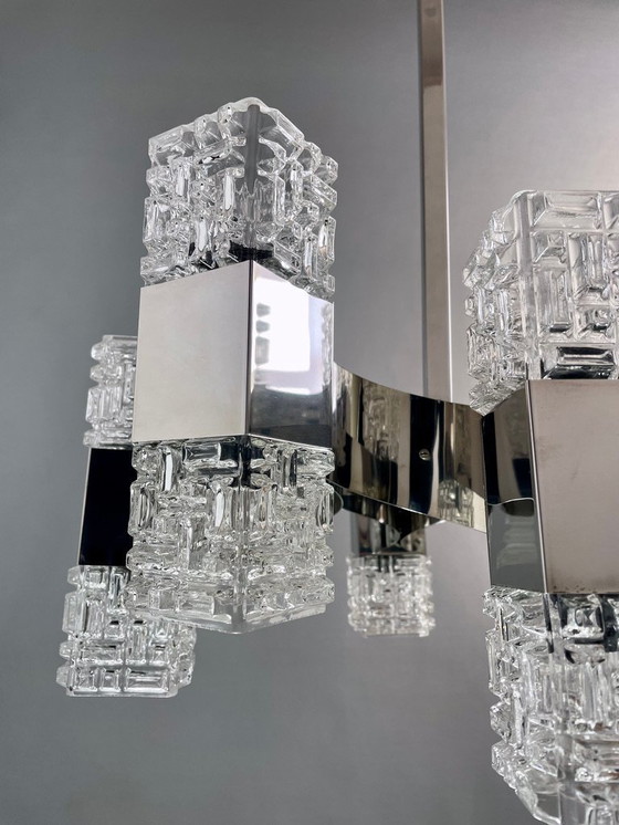 Image 1 of Italian 1970s Chandelier Attributed to Targetti, 16 Lights, Art Glass & Chrome Steel. Modernist Design