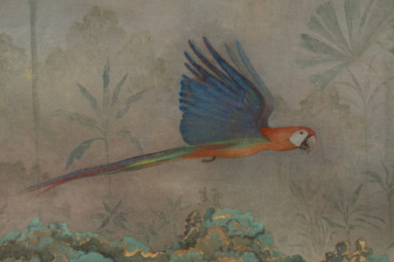 Image 1 of Painted canvas depicting three parrots in a tropical forest. Contemporary.