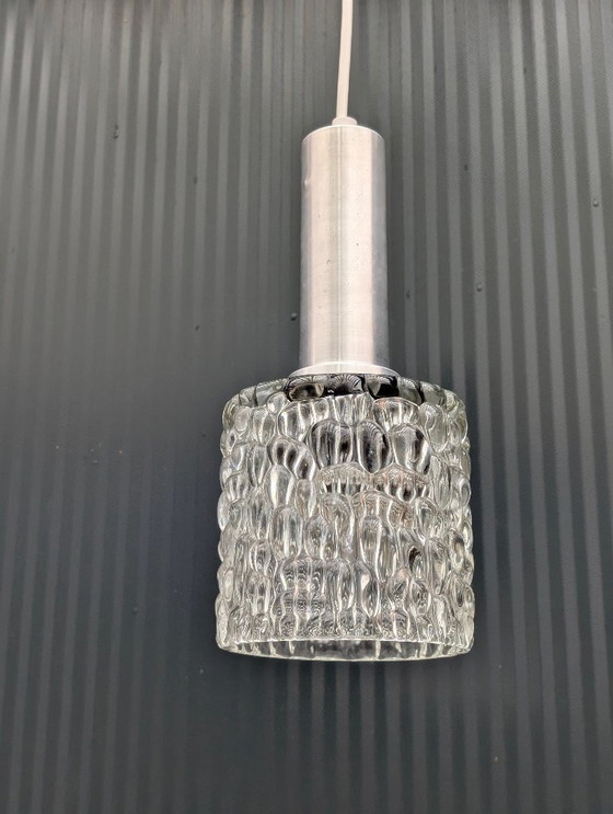 Image 1 of Lampada a sospensione vintage in vetro ghiacciato con supporto in alluminio