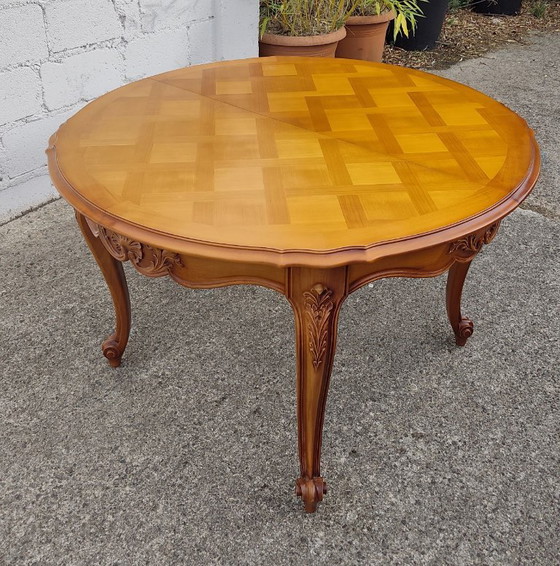 French Vintage Marqueterie Dining Table-Extendable Cherrywood Table-Style Louis XV-80s (photo 5 of 18)