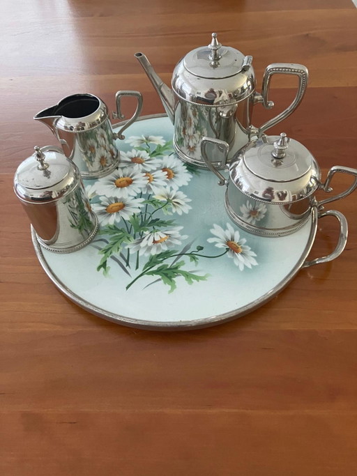 Tray with silver tea set – tafelwaar, Ceramic, Metal
