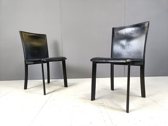 Image 1 of Vintage Black Leather Dining Chairs By Cidue, Set Of 6 - 1980S