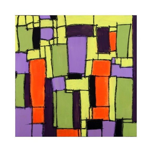 Modern abstract green, yellow, purple and orange mixed media painting