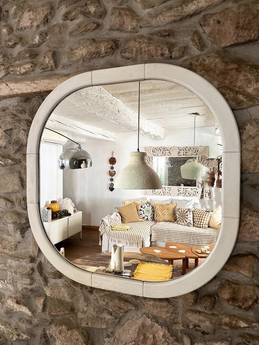Large Space Age wall mirror in white patinated wood. France, 1970s
