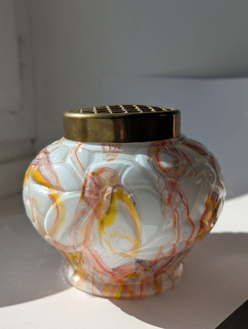 Vaso a sfera Art déco, Henri Heemskerk, vetro e opalina, giallo, viola, arancione, anni '30