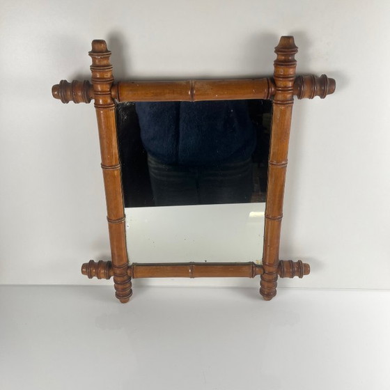 Image 1 of Espejo de madera torneada estilo bambú, circa 1900-1930
