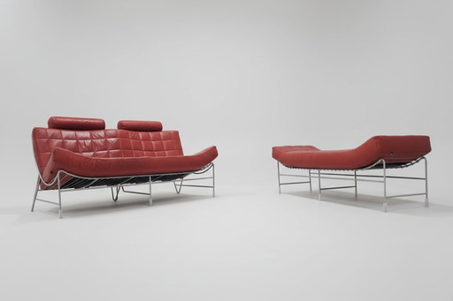 Sofá de 2 plazas Leolux Volare con otomana – Piel roja – Diseño de Jan Armgardt