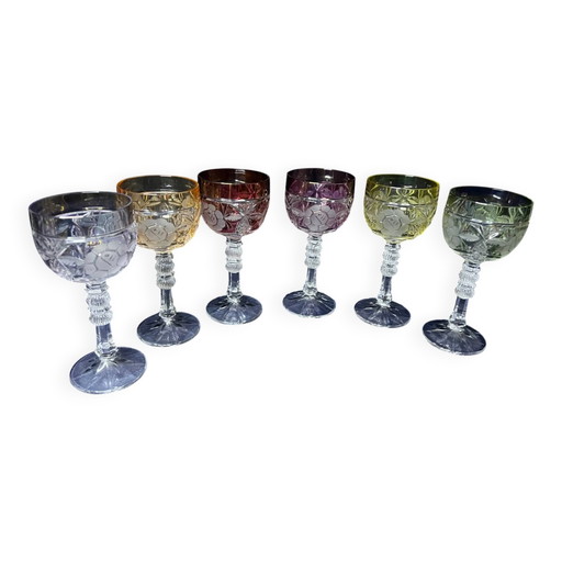 Set van 6 wijnglazen. Massief gekleurd kristal. – glazen karaffen, Crystal, Glass