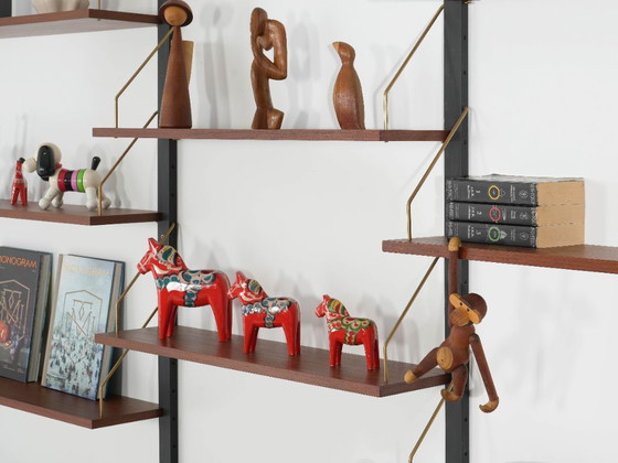 Danish Modular Shelving From The 1970s — Teak Veneer With Black Wall Rails, Ten Shelves – Bookcases, Wood (photo 7 of 18)