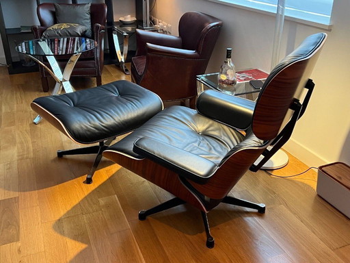 Vitra Eames Grote Leren Lounge Stoel en Ottoman, Zwart/Palisander