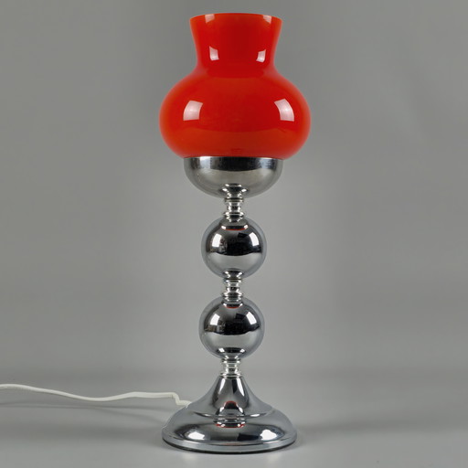 Vintage 1970s Bergdala Table Lamp – Orange Glass Shade & Chrome Stacked Sphere Base – Swedish Space Age Lighting.