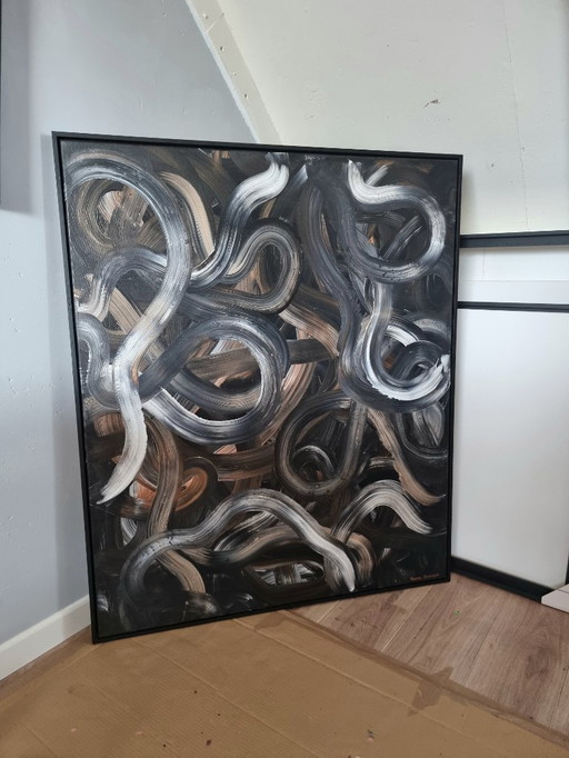 Frances Eckhardt - donker abstract modern schilderij 100x120 cm ingelijst