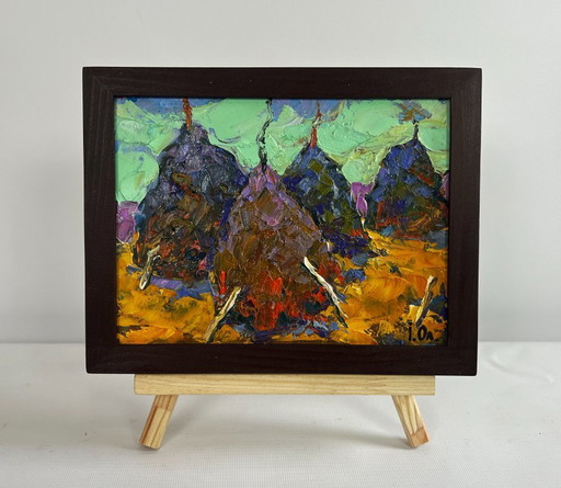 Original Oil Painting Summer Nature Landscape Haystacks on a golden field