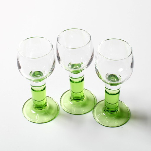 Set of 3 Vintage Limoncino Liquor Glasses / Green Stem Shot Stemware / Bormioli Rocco / Italy / 1970s