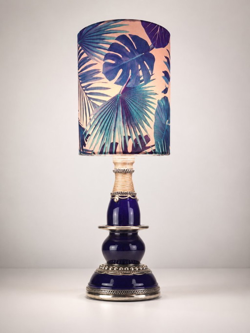 Vintage blue table lamp with botanical lampshade