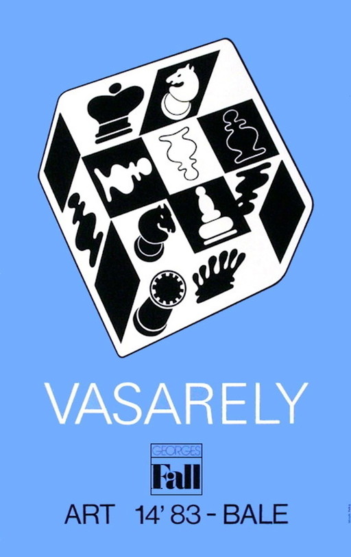 Victor VASARELY Expo 83 - Art Basel - Affiche originale Echecs fond bleu 1983