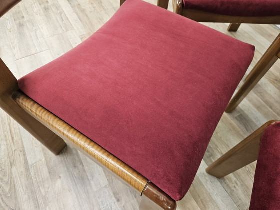 Set of four dining chairs, brown wood with red textile seats, Mid Century Modern (photo 9 of 13)