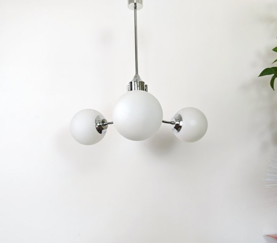 Image 1 of Vintage 3-Light Opal Glass Ceiling Lamp / Mid Century Modern Chandelier / Space Age Sputnik Light | Chrome Pendant