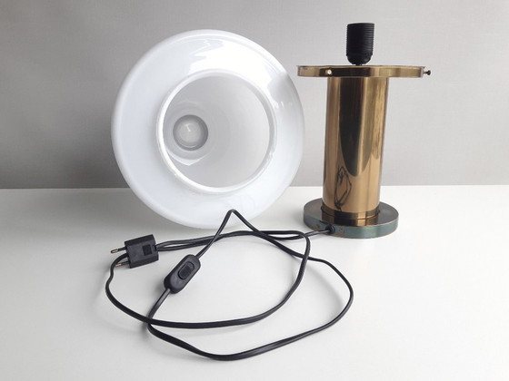 Image 1 of Glashütte Limburg vintage table lamp, brass desk lamp with frosted glass shade, mid-century modern table lamp