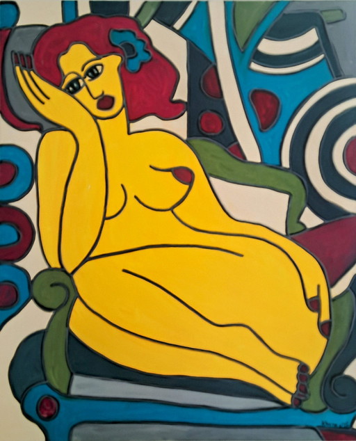 Artiste Painting - Patricia Kleyman - Elle Pense à Son Amoureux Nue sur un Fauteuil