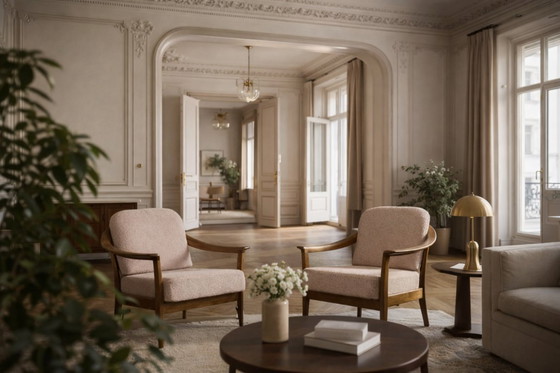 Image 1 of Vintage Mid-Century German Modern Cherry Wood & Dirty Pink Fabric Armchairs from Wilhelm Knoll, 1970s, Set of 2