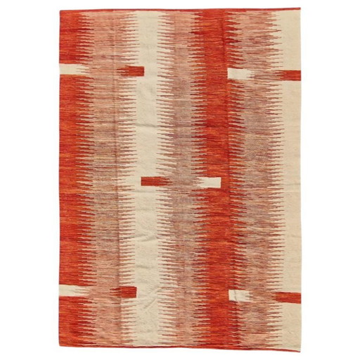 Alfombra Kilim Ikat roja moderna tejida a mano | Lana de tejido plano | 168 × 239 cm (66 × 94 pulgadas)