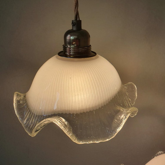 Set di 2 lampade a sospensione vintage in vetro bianco satinato, forma floreale, texture – Metal (photo 11 of 23)