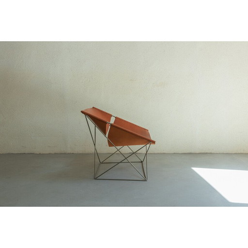 Fauteuil vintage "Butterfly" en métal et cuir havane par Pierre Paulin, 1965