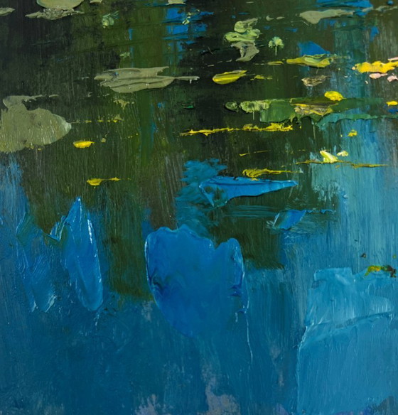 Image 1 of Original Oil Painting Summer River Landscape River carries a boat through silence