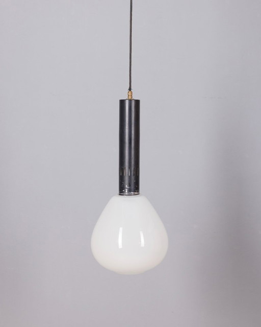 LAMPADA A SOSPENSIONE VINTAGE ANNI '70 IN VETRO BIANCO, DESIGN ITALIANO