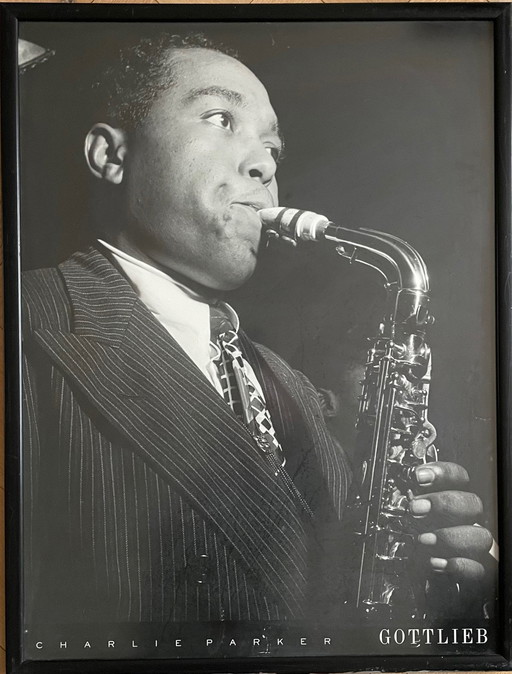 William P. Gottlieb, Charlie Parker, Vintage, grand poster noir et blanc encadré du célèbre musicien de jazz