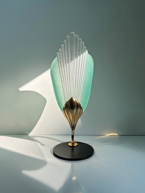 Image 1 of Lot de 2 lampes de table vintage en verre de Murano, style Néfertiti, laiton et métal, style post-moderne, années 80 et 1980, It