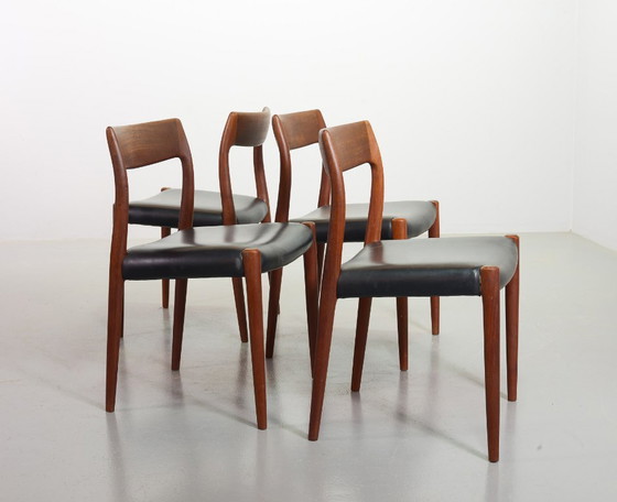Image 1 of Mid-Century Scandinavian Niels Otto Moller Teak Wooden Dining Chairs with Black Leather Upholstery, Model 77. Set of 4.