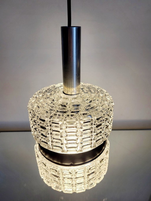 Vintage pendant lamp, chrome finish and glass lampshade, from the 1960s