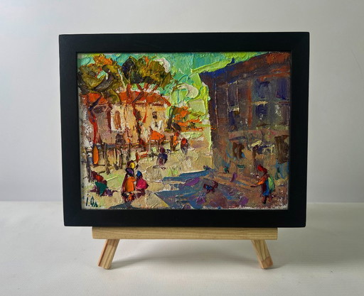 Original Oil Painting Autumn Street Landscape The city wakes up in the fresh air