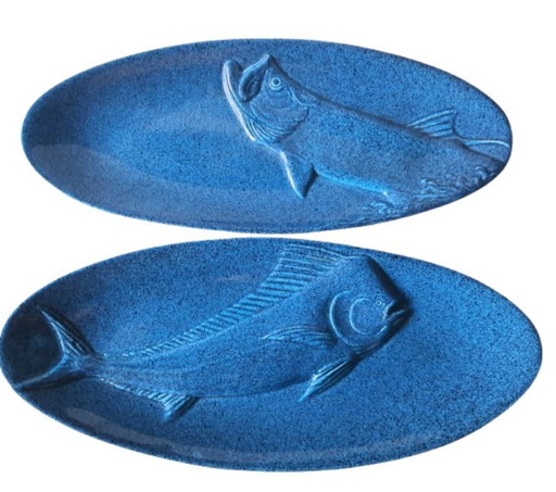 (W029) Juego de pecera vintage Ross Art: 2 platos de cerámica azul de 48 cm