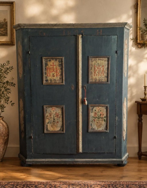 Armoire ancienne 1805 peinte à la main, art populaire alpin (Bauernschrank)