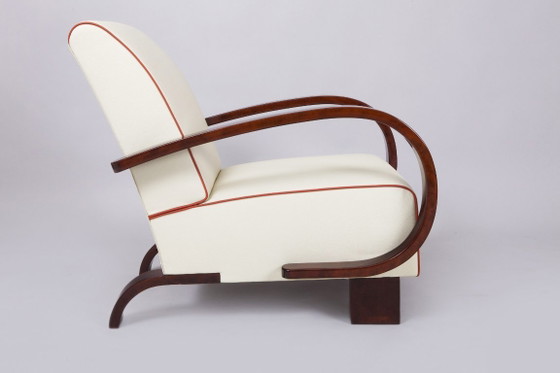 Een paar gerestaureerde art-deco fauteuils, walnoothout, leer, opnieuw gepolijst, Tsjechisch, jaren 1930 (photo 7 of 8)