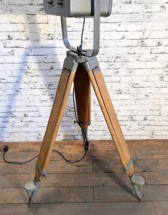 Image 1 of Vintage Grey Theater Spotlight on Wooden Tripod, 1980s