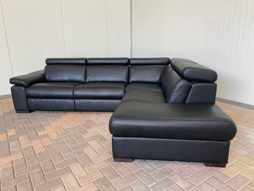 Schwarzes Ecksofa aus echtem Leder mit Chaise Lounge