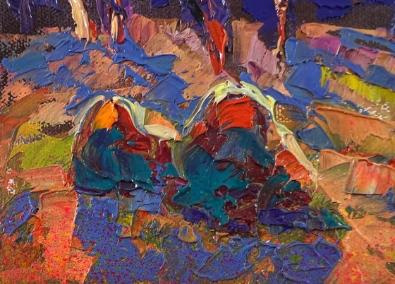Image 1 of Original Oil Painting Fall Nature Landscape Blue Autumn Night