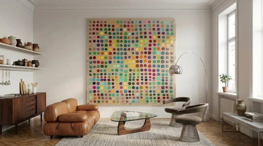 XXL Wabi-Sabi Minimalisme – Abstract, kleurrijk Vintage Acrylglas schilderij 140 × 140 cm incl. RVS houders