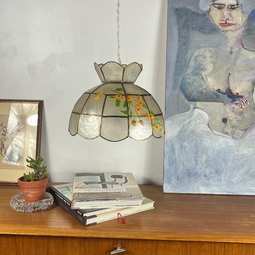 Hanglamp kroonluchter van capiz parelmoer met bloemen