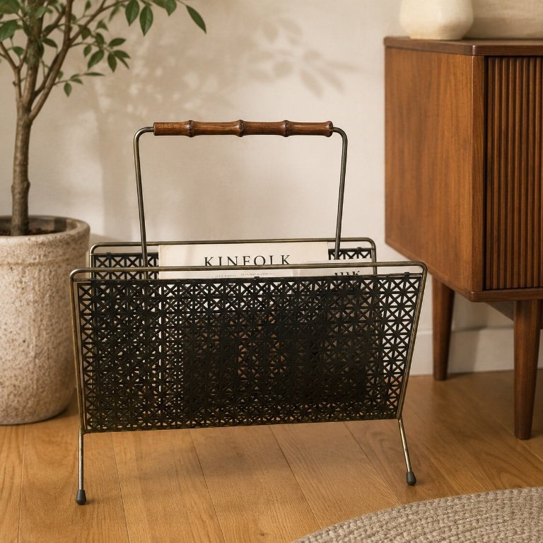 Vintage Brass & Black Magazine Rack - | Magazine rack second-hand