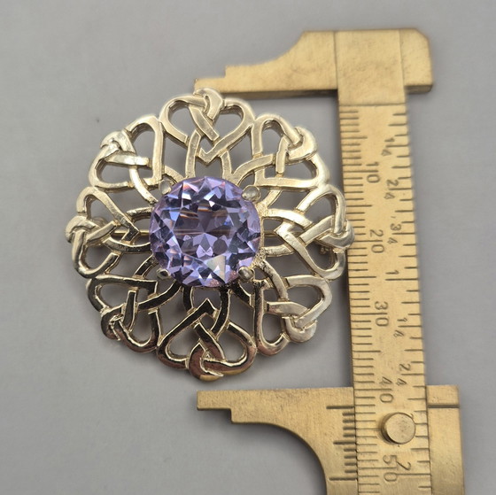 Image 1 of Vintage JAF Scottish Celtic Knot Brooch Kilt Pin Gold Tone Violet Stone Signed