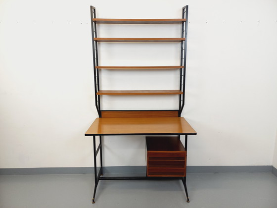 Image 1 of Italian modernist desk with built-in modular string bookcase in teak, metal and melamine from the 60s