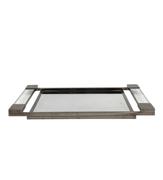 Image 1 of Jacques Adnet, Bandeja modernista de lucita con espejo, Maison Adnet, Francia, 1950