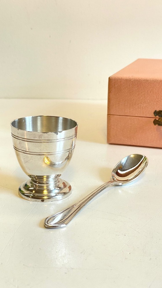 Image 1 of Vintage Silver-Plated Metal Egg Cup and Spoon for Birth